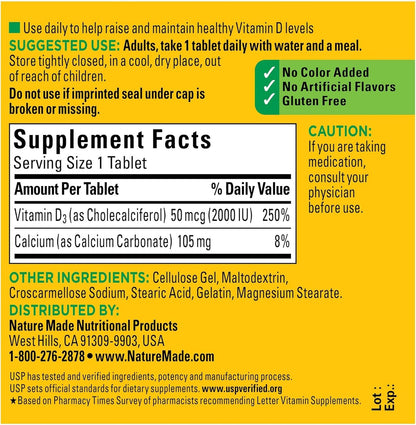 Nature Made Vitamin D3 2000 IU (50 mcg), Dietary Supplement for Bone, Teeth, Muscle and Immune Health Support, 400 Tablets, 400 Day Supply - Nirvana Guru