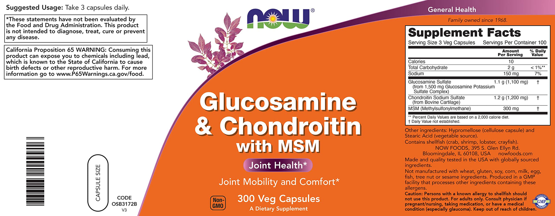 NOW Foods Supplements, Glucosamine & Chondroitin with MSM, Joint Health, Mobility and Comfort*, 180 Veg Capsules - Nirvana Guru