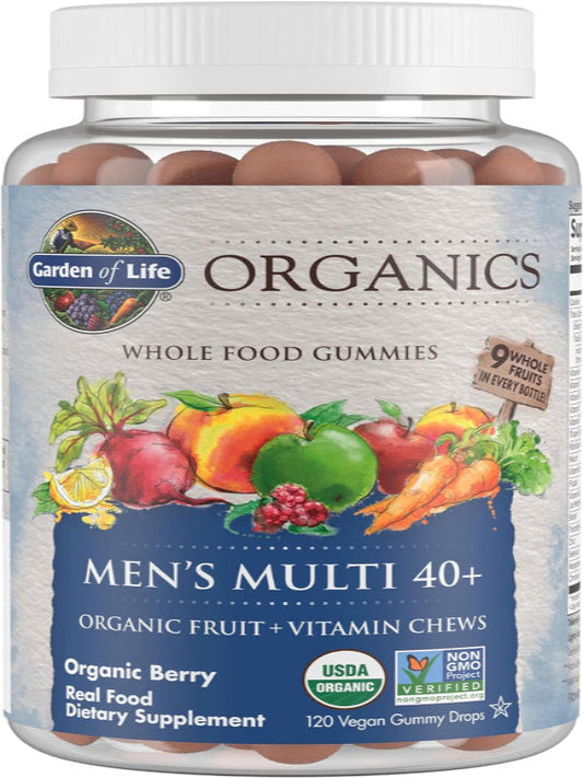 Garden of Life Organics Men 40+ Gummy Vitamins - Berry - Certified Organic, Non-GMO, Vegan, Kosher Complete Multi - Methyl B12, C & D3 - Gluten, Soy & Dairy Free, 120 Real Fruit Gummies - Nirvana Guru