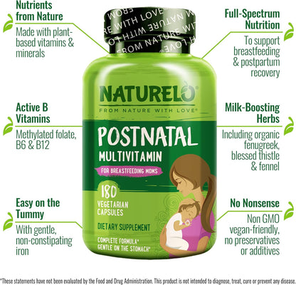 NATURELO Postnatal Multivitamin - Supplement for Breastfeeding Women - Plant-Based Vitamin D, Folate, Gentle Iron - for Nursing Mother, Baby - Post Natal Lactation Support 180 Capsules - Nirvana Guru