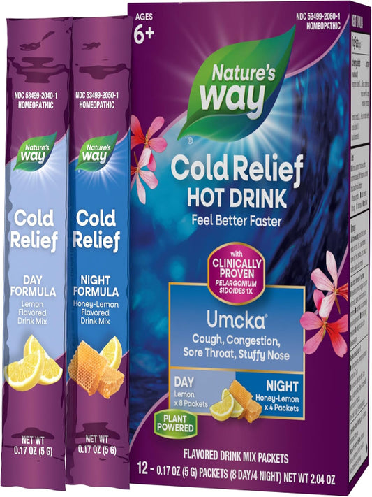 Nature's Way Cold Relief Hot Drink, Umcka, Homeopathic, Clinically Proven Pelargonium Sidoides 1X, for Cough, Congestion, Sore Throat, Stuffy Nose, Day & Night Formula, 12 Packets (Packaging May Vary) - Nirvana Guru
