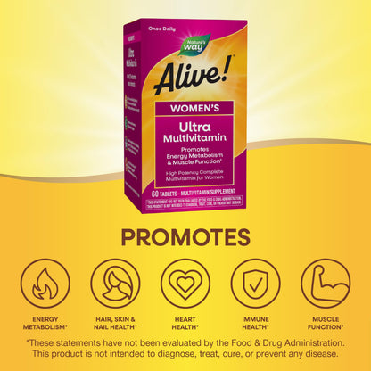 Nature's Way Alive! Women's Daily Ultra Multivitamin, High Potency Formula, Promotes Energy Metabolism and Muscle Function*, with Methylated B12, 60 Tablets - Nirvana Guru