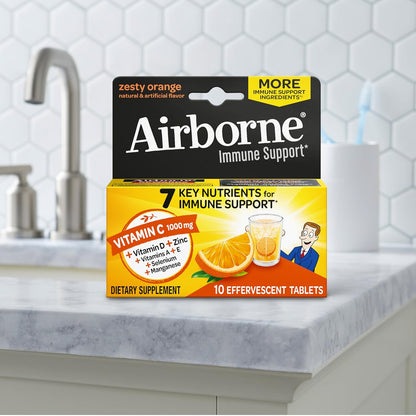 Airborne 1000mg Vitamin C with Vitamin D & Zinc, Sugar Free Multivitamin Immune Support Supplement, Antioxidants Vitamins A C & Vitamin E, 10 Effervescent Tablets, Zesty Orange Flavor Nirvana Guru