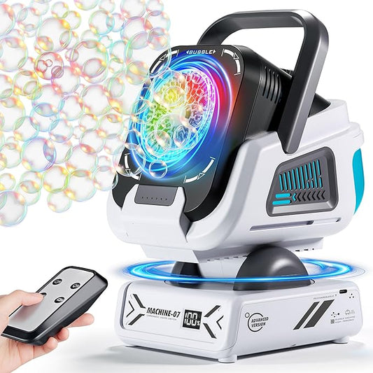 2025 Upgraded Bubble Machine with Remote Control, Automatic Rotation & RGB Lights, 1800mAh Rechargeable Battery, Type-C Charge, Bubble Maker for Kids, Weddings, Birthday Parties, Outdoor Activities Nirvana Guru