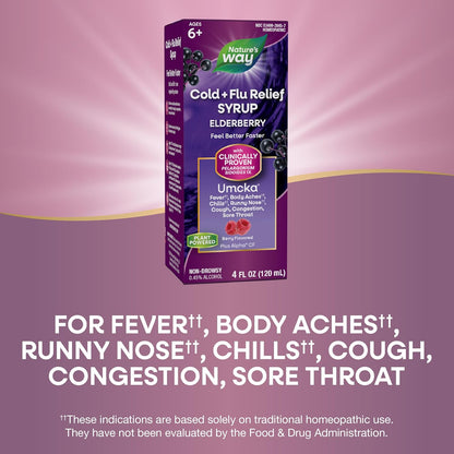 Nature's Way Cold + Flu Relief Syrup*, Umcka, Sore Throat, Cough, Congestion, Fever*, Body Aches*, Phenylephrine Free, Homeopathic, Non-Drowsy, Berry Flavored, 4 Fl Oz (Packaging May Vary) - Nirvana Guru