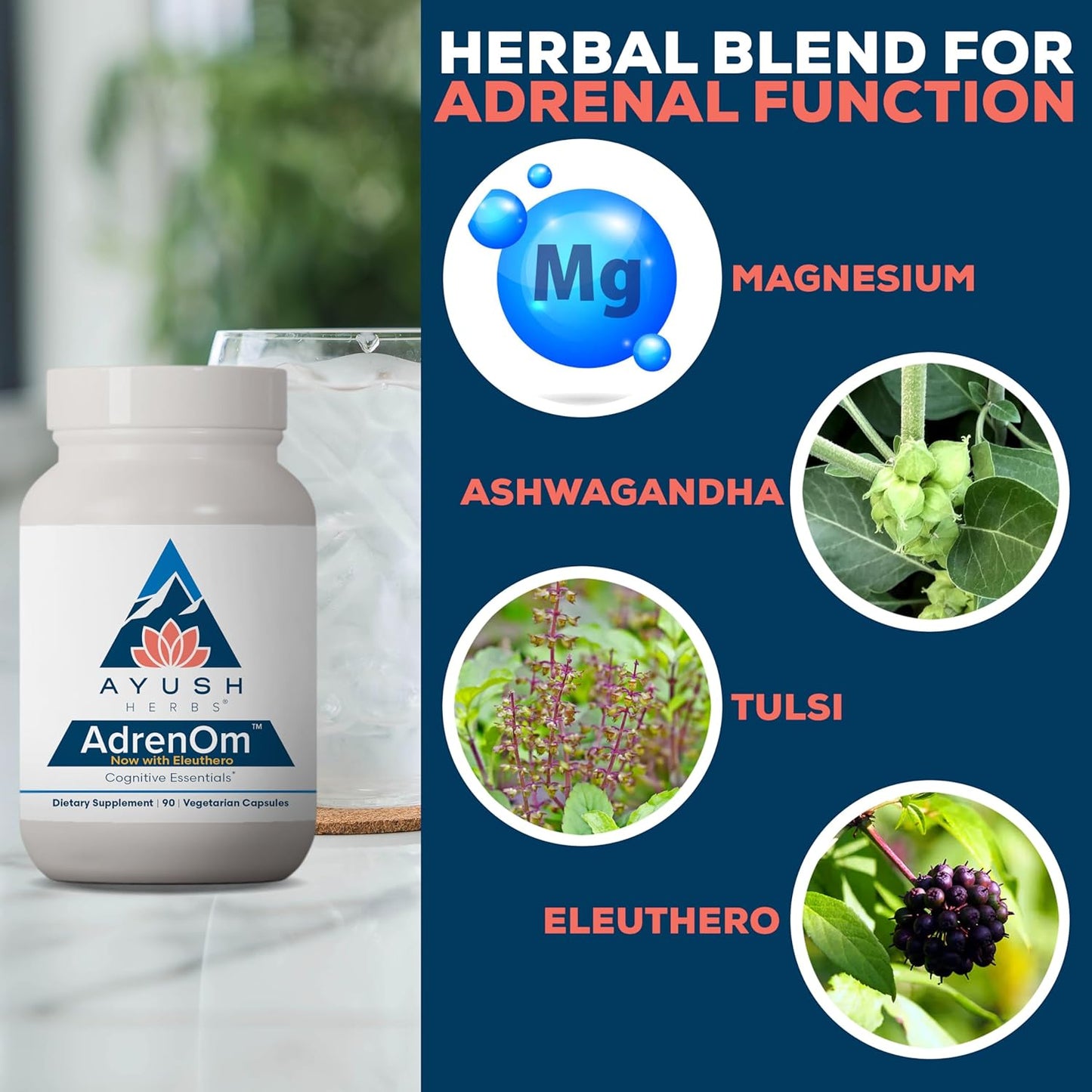 Ayush Herbs AdrenOm - Ayurvedic Adrenal and Stress-Support Supplement for Women & Men, Ashwagandha & Eleuthero to Support Adrenal Balance, Cognitive Function & Calm - 90 Vegetarian Capsules (1 Count) Nirvana Guru