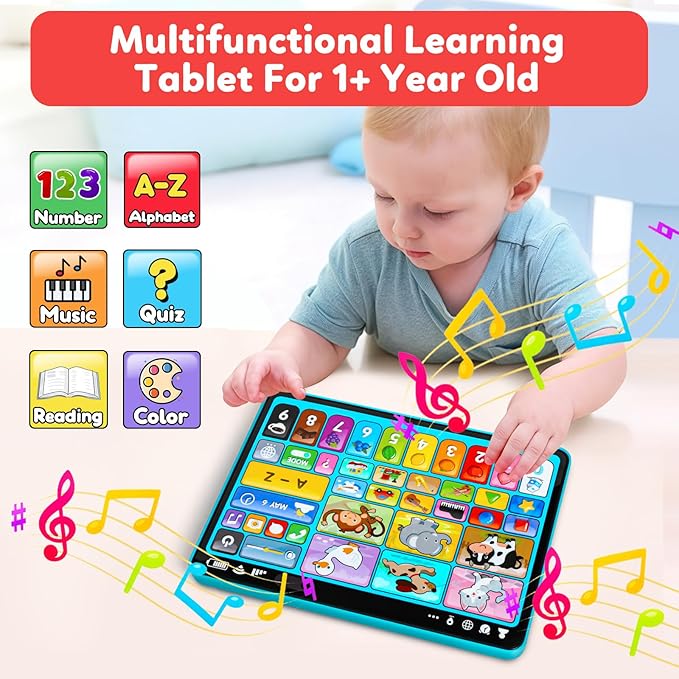 Trilingual Learning Toy Tablet with Music & Sound, Montessori Speech Musical Therapy Toys, Gifts for Boy, Girl, Baby, Toddler, for Age 1, 2, 3 Year Old (12-18 Months) nirvanaguru