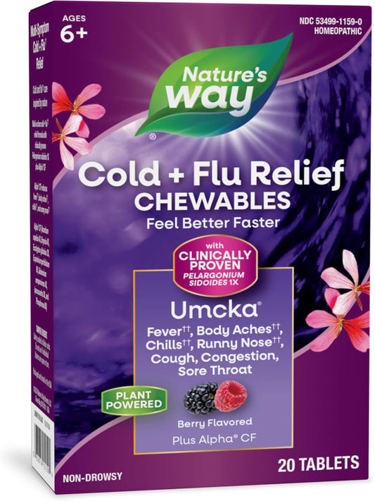 Nature's Way Cold+Flu Relief, Umcka, Shortens Duration and Reduces Severity, Multi-Symptom Relief, Homeopathic, Phenylephrine Free, Non-Drowsy, Berry Flavored, 20 Chewable Tablets (Packaging May Vary) - Nirvana Guru