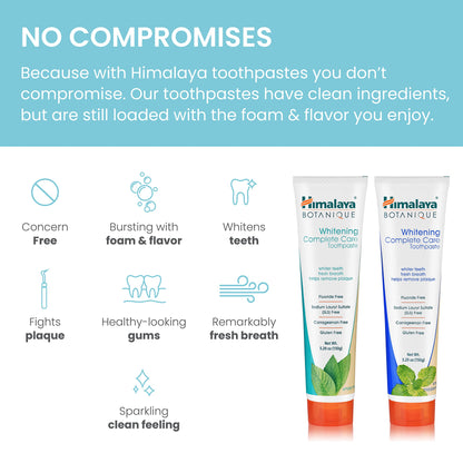 Himalaya Botanique Whitening Complete Care Toothpaste, Teeth Whitening, Fights Plaque, Fluoride Free, No Artificial Flavors, SLS Free, Cruelty Free, Foaming, Simply Mint Flavor, 5.29 Oz, 2 Pack - Nirvana Guru