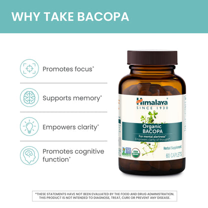 Himalaya Organic Bacopa Monnieri Nootropic Herbal Supplement, Supports Calm, Memory, Cognition, USDA Certified Organic, Non-GMO, 750 mg, 60 Plant-Based Caplets, 60 Day Supply - Nirvana Guru