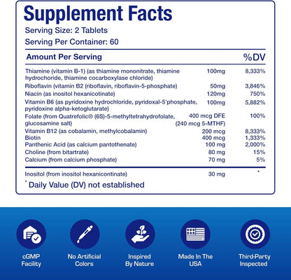 Super B Complex Methylated & Time Released - Bio Active B Complex Vitamin Supplement with Choline Inositol & 8 B Vitamins for Nervous System and Energy Metabolism Support - 2 Month Supply Nirvana Guru