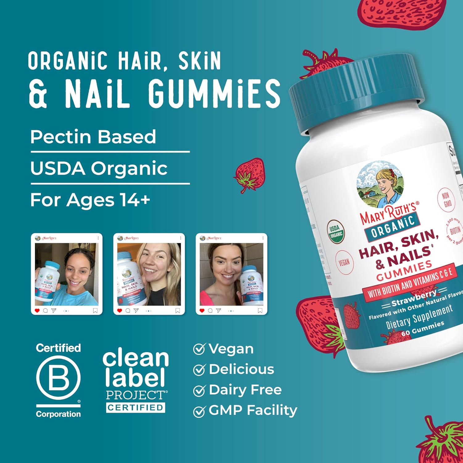 MaryRuth Organics Hair | Skin | and Nails Vitamins | Biotin Gummies with Vitamin C & Vitamin E | Hair Growth Vitamins | Skin Care | Nail Strength | USDA Organic Gummies for Ages 14+ | 60 Count - Nirvana Guru