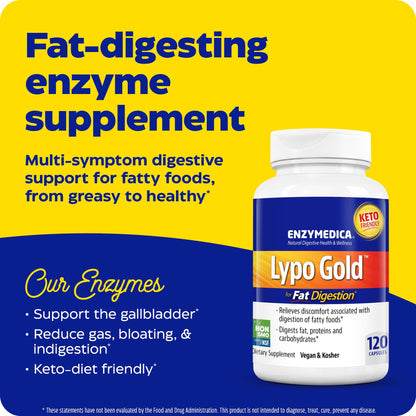 Enzymedica Lypo Gold, Digestive Enzymes for Fat Digestion, Offers Fast Acting Gas & Bloating Relief, 60 Count - Nirvana Guru