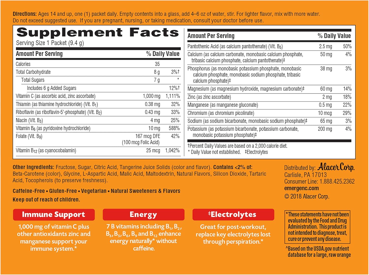 Emergen-C 1000mg Vitamin C Powder for Daily Immune Support Caffeine Free Vitamin C Supplements with Zinc and Manganese, B Vitamins and Electrolytes, Super Orange Flavor - 30 Count Nirvana Guru