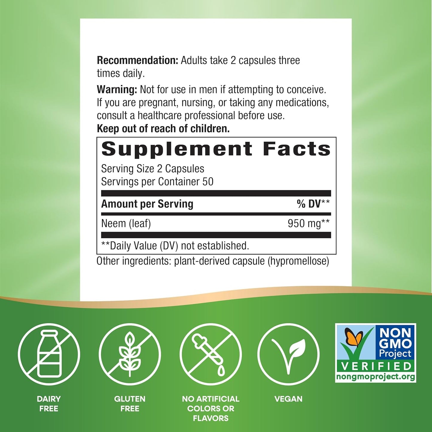 Nature's Way Herbal Neem Leaf, Traditional Intestinal Support*, Used in Ayurveda, 950 mg per 2-Capsule Serving, Non-GMO Project Verified, Vegan, 100 Capsules (Packaging May Vary) Nirvana Guru