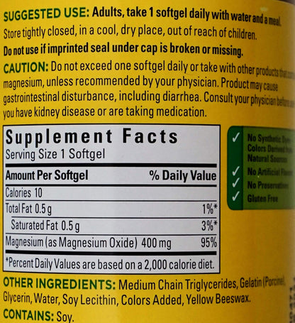 Nature Made Extra Strength Magnesium Oxide 400 mg, Magnesium Supplement for Muscle, Nerve, Bone and Heart Support, 110 Softgels, 110 Day Supply - Nirvana Guru