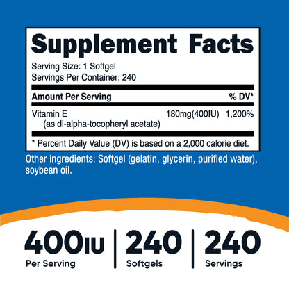 Nutricost Vitamin E 400 IU, 240 Softgel Capsules - Gluten Free, Non-GMO Nirvana Guru