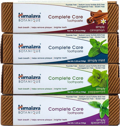 Himalaya Botanique Complete Care Toothpaste, Variety Pack - Fluoride Free Toothpaste for Clean Teeth & Fresh Breath - Vegan, Gluten Free, No Artificial Flavors, 5.29 oz (Pack of 4) - Nirvana Guru