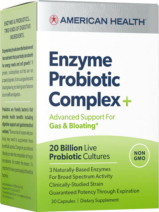 AMERICAN HEALTH Enzyme Probiotic Complex Plus, 20 Billion Microorganisms - Clinically Studied Strain - Advanced Support for Gas & Bloating* - Non-GMO - 30 Capsules, 30 Total Servings - Nirvana Guru