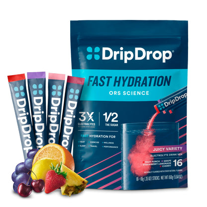 DripDrop Hydration Packets - Juicy Variety Pack - Single Serve Electrolytes Powder Drink Mix - Grape, Fruit Punch, Strawberry Lemonade, Cherry - Non-GMO, Gluten Free, Vegan - 16 Sticks - Nirvana Guru