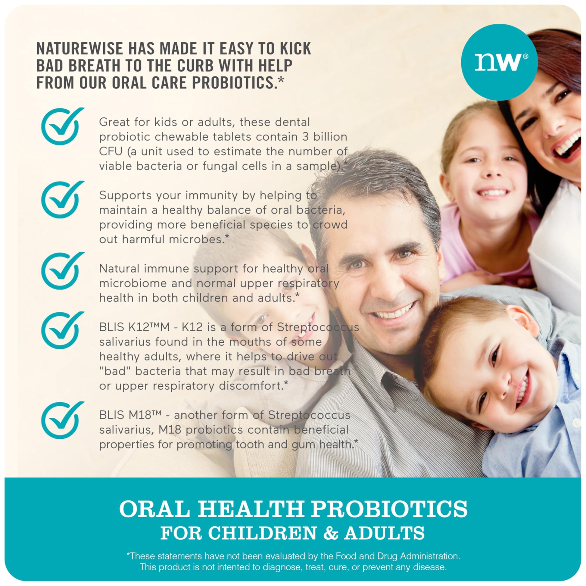 NatureWise Oral Probiotics for Teeth & Gums & Fresh Breath* - Chewable Sugar-Free Mint Tablet - Dental Support for Kids & Adults w/ BLIS K12 & M18 - Non-GMO - 50 Count[50-Day Supply] - Nirvana Guru