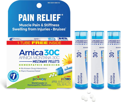 Boiron Arnica Montana 30C Homeopathic Medicine for Relief from Muscle Pain, Muscle Stiffness, Swelling from Injury, and Discoloration from Bruises - 3 Count (240 Pellets) - Nirvana Guru