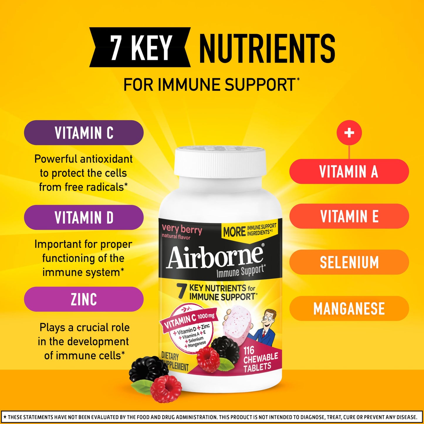 Airborne Vitamin C 1000mg (per Serving) - Citrus Chewable Tablets (116 Count in a Bottle), Gluten-Free Immune Support Supplement, with Vitamins A C E, Zinc, Selenium, Echinacea, Ginger, Antioxidants Nirvana Guru