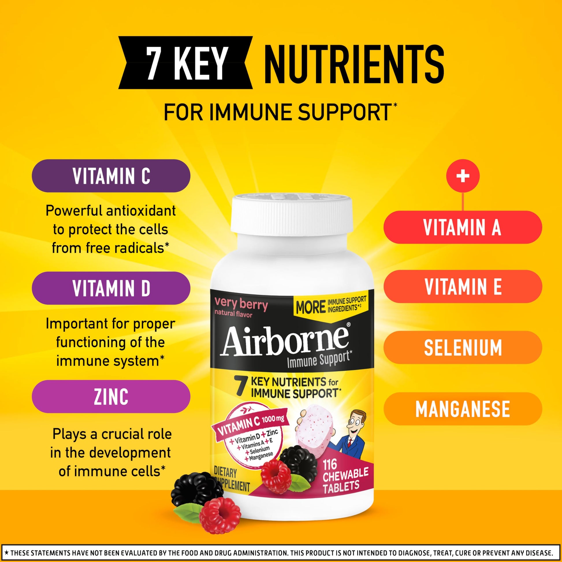 Airborne Vitamin C 1000mg (per Serving) - Citrus Chewable Tablets (116 Count in a Bottle), Gluten-Free Immune Support Supplement, with Vitamins A C E, Zinc, Selenium, Echinacea, Ginger, Antioxidants Nirvana Guru