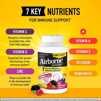Airborne Vitamin C 1000mg (per Serving) - Citrus Chewable Tablets (116 Count in a Bottle), Gluten-Free Immune Support Supplement, with Vitamins A C E, Zinc, Selenium, Echinacea, Ginger, Antioxidants Nirvana Guru