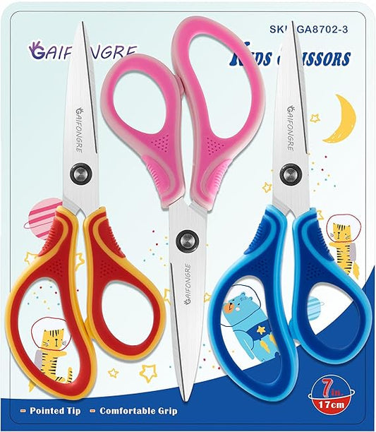 7" Student Scissors Set of 3-pack,Pointed Tip Blades,Kids Scissors Ages 8-10 8-12 8-16 for School Crafting Project,Great for DIY, Arts, Home, Red/Pink/Blue nirvanaguru