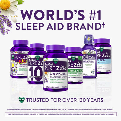 ZzzQuil PURE Zzzs Melatonin Gummies, Sleep Aid, Melatonin 2mg, with Chamomile & Lavender, Melatonin Sleep Gummies, Sleep Aids for Adults, Wildberry Vanilla Flavored, 72 Sleep Gummies Nirvana Guru