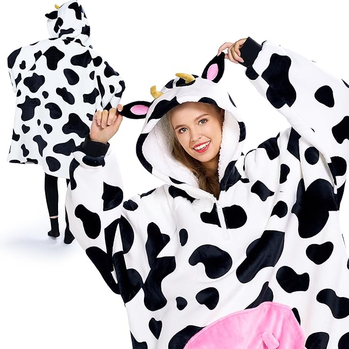 Giggling Getup Wearable Blanket Hoodie for Women and Men Sherpa Fleece Hooded Blanket Sweatshirt Warm Cozy Sherpa Wearable Throw Oversized Hoodie with Giant Pocket & Sleeves for Adult Cow nirvanaguru