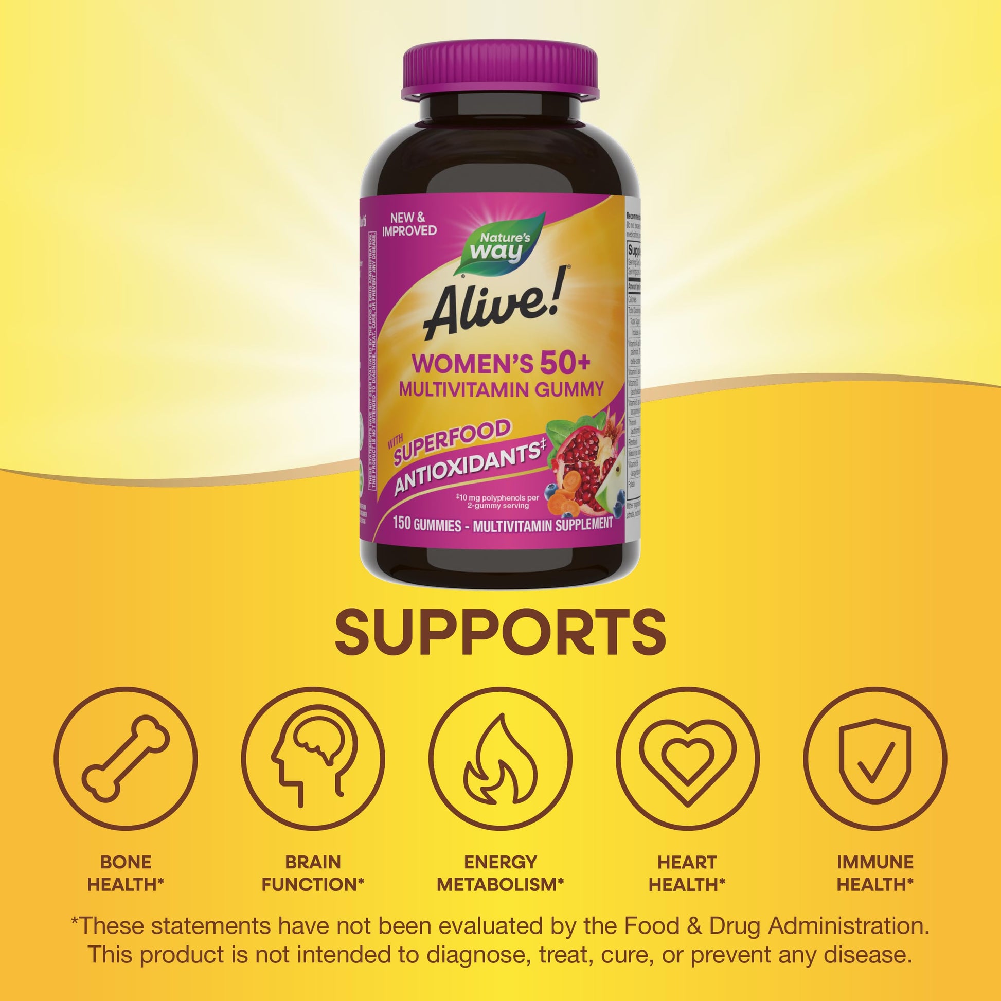 Nature's Way Alive Women’s 50+ Daily Gummy Multivitamins, Supports Multiple Body Systems*, Supports Healthy Heart, Brain & Bones,* B-Vitamins, Mixed Berry Flavored, 150 Gummies (Packaging May Vary) - Nirvana Guru