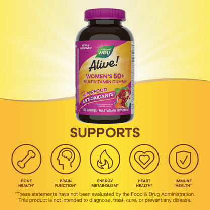 Nature's Way Alive Women’s 50+ Daily Gummy Multivitamins, Supports Multiple Body Systems*, Supports Healthy Heart, Brain & Bones,* B-Vitamins, Mixed Berry Flavored, 150 Gummies (Packaging May Vary) - Nirvana Guru