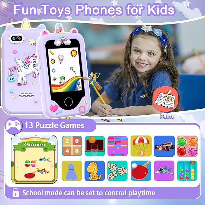 Kids Smart Phone for Girls, Christmas Birthday Gifts for Girls Age 3-10 Kids Toys Cell Phone, 2.8" Touchscreen Toddler Learning Play Toy Phone with Dual Camera, Game, Music Player, 8GB Card Purple Nirvana Guru