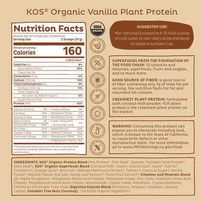 KOS Vegan Protein Powder Erythritol Free, Vanilla USDA Organic - Pea Protein Blend, Plant Based Superfood Rich in Vitamins & Minerals - Keto, Dairy Free - Meal Replacement for Women & Men, 28 Servings - Nirvana Guru
