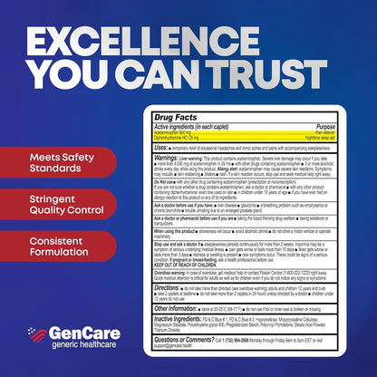 GenCare Extra Strength Acetaminophen PM 500 mg (375 Tablets) | Ultimate Pain Relief & Sleep Support for Adults | Quick Acting & Non Habit Forming Headache Relief | Eases Aches & Joint Discomfort
