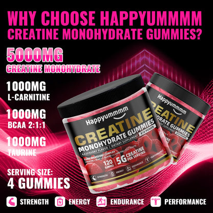 Creatine Monohydrate Gummies 5000mg for Men & Women, Chewables Creatine Monohydrate for Muscle Strength, Muscle Builder, Energy Boost, Pre-Workout Supplement(90 Count)-Strawberry.