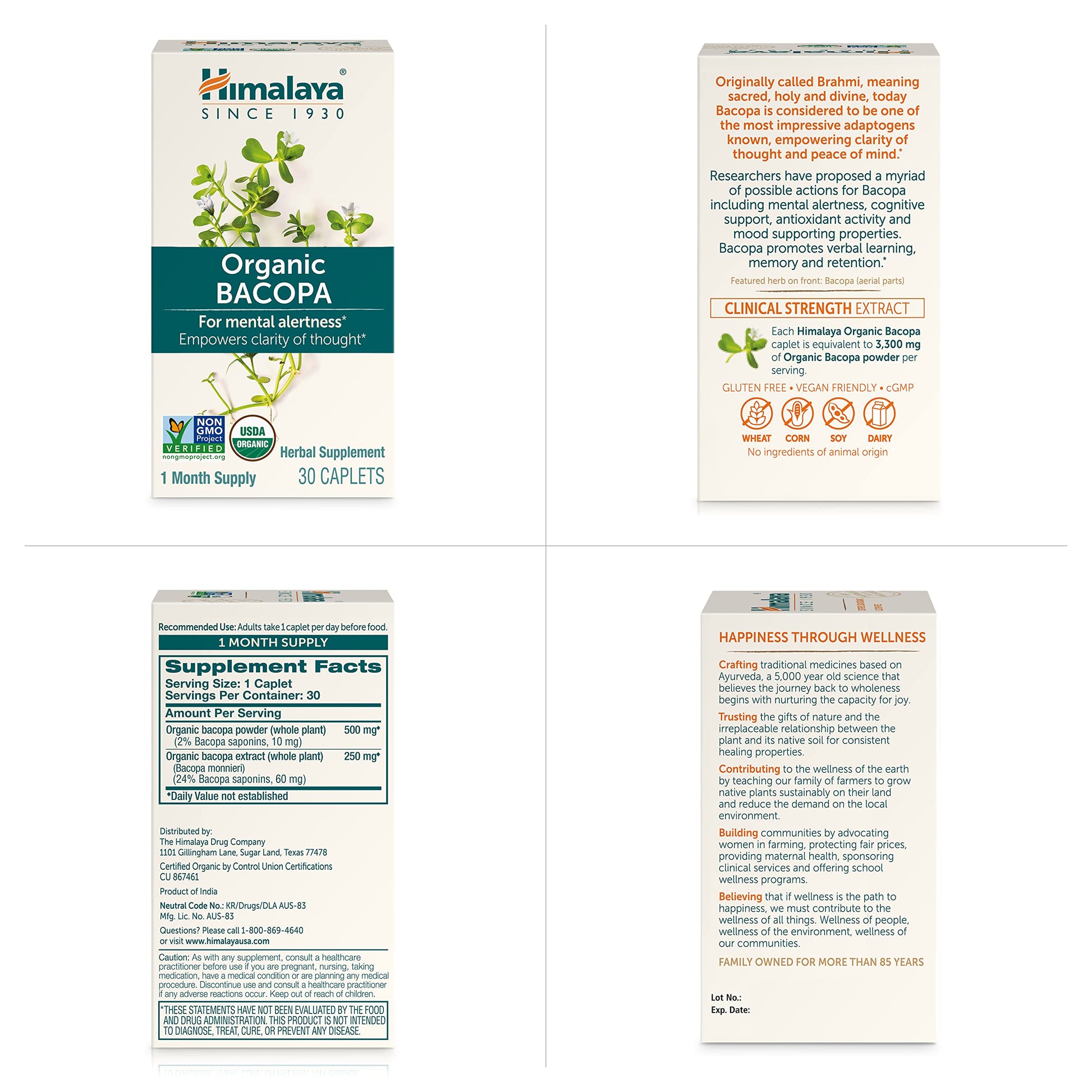 Himalaya Organic Bacopa Monnieri Nootropic Herbal Supplement, Supports Calm, Memory, Cognition, USDA Certified Organic, Non-GMO, 750 mg, 60 Plant-Based Caplets, 60 Day Supply - Nirvana Guru