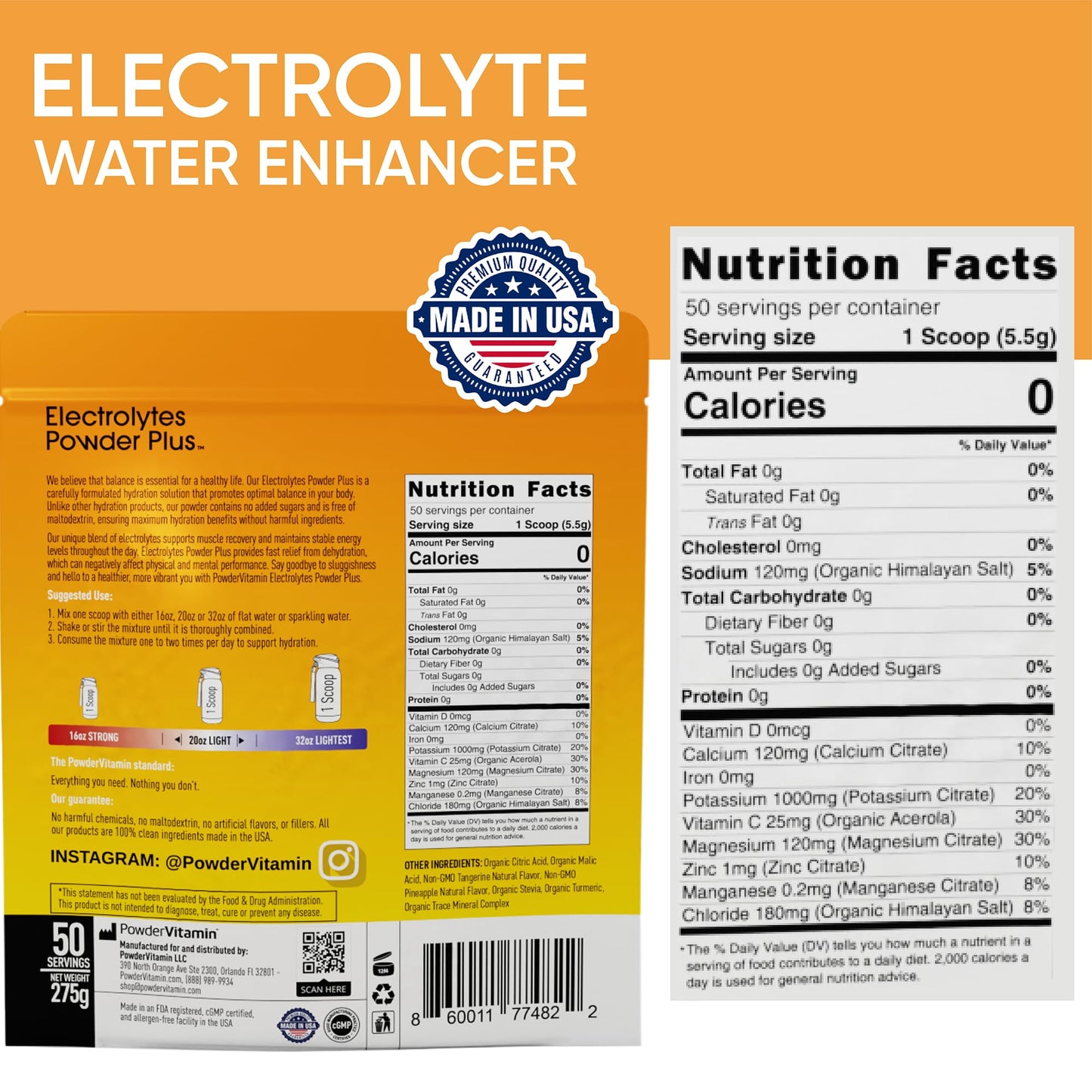 PowerVitamin Lemonade Electrolytes Powder No Sugar for Daily Energy - Keto Electrolytes - Hydration Powder with 1000mg Potassium, 120mg Calcium, Magnesium, Organic Vitamin C, 100 Servings