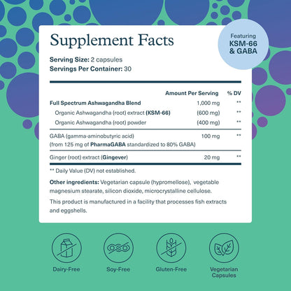 Youtheory Ashwagandha + GABA - Uses KSM-66-1,000 mg Ashwagandha & 100 mg GABA - Cortisol, Stress & Memory Support Supplement - 60 Vegetarian Capsules - Nirvana Guru