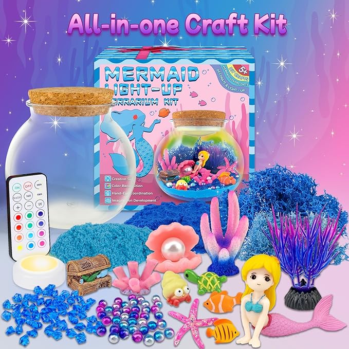 Mermaid Terrarium Craft Kit for Kids - LED Night Light Up & Remote Mermaid Birthday Gifts Toys for Girls Age 5 6 7 8 9 10 11 12 Year Old nirvanaguru