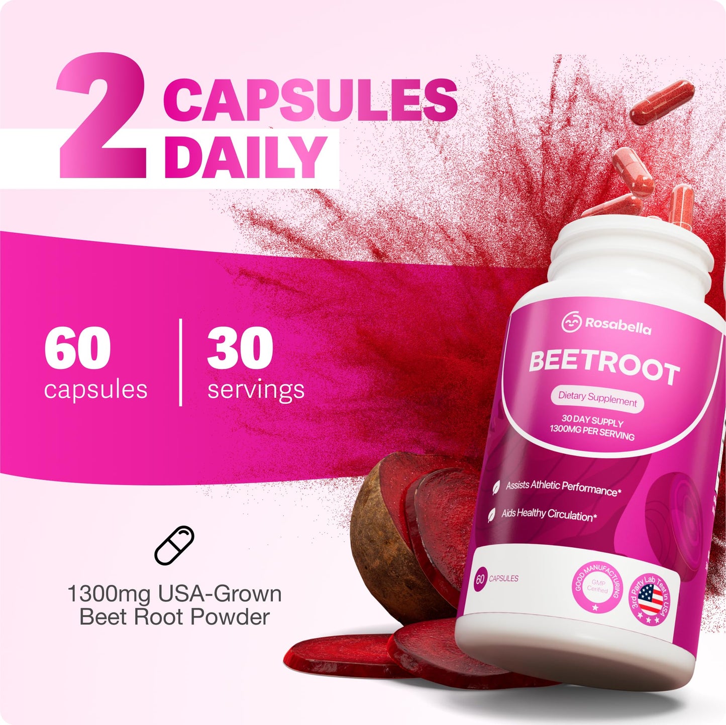 Rosabella Organic Beet Root Capsules – 1300mg Beetroot Powder for Natural Energy & Endurance Support, Non-GMO, Lab-Tested Beet Supplement - 60 Capsules, 30-Day Supply