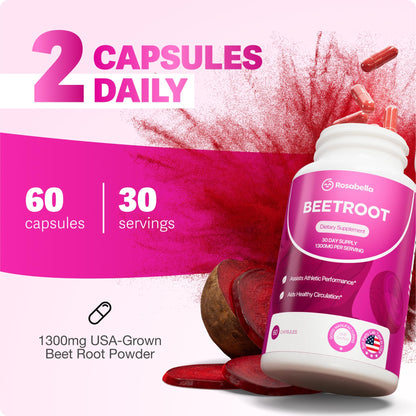 Rosabella Organic Beet Root Capsules – 1300mg Beetroot Powder for Natural Energy & Endurance Support, Non-GMO, Lab-Tested Beet Supplement - 60 Capsules, 30-Day Supply