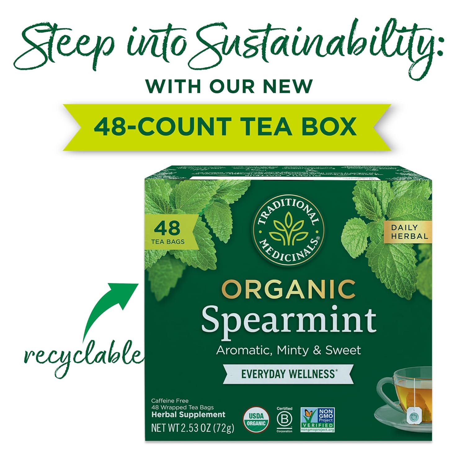 Traditional Medicinals Tea, Organic Spearmint, Supports Everyday Wellness, Healthy & Refreshing - 48 Tea Bags - Nirvana Guru