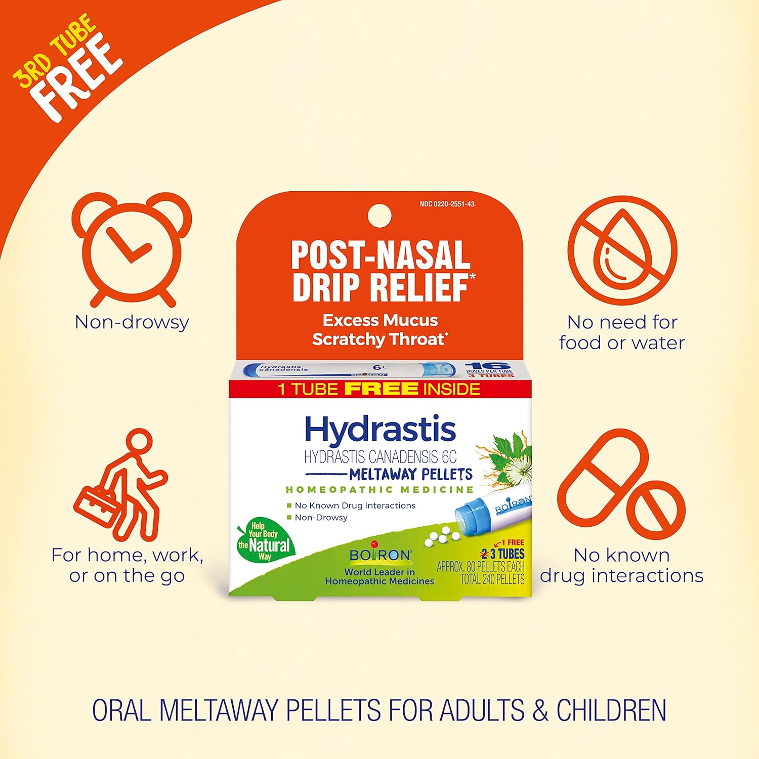 Boiron Hydrastis Canadensis 6C Homeopathic Medicine for Post-Nasal Drip Relief, Excess Mucus, Scratchy Throat - 3 Count (240 Pellets) - Nirvana Guru