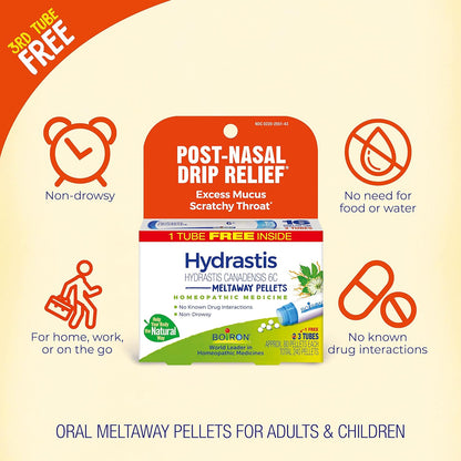 Boiron Hydrastis Canadensis 6C Homeopathic Medicine for Post-Nasal Drip Relief, Excess Mucus, Scratchy Throat - 3 Count (240 Pellets) - Nirvana Guru