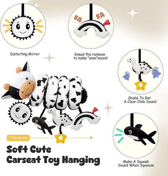 Spiral Car Seat Baby Toys 0-6 Months, Infant Carseat High Contrast Sensory Toys Hanging Stroller Accessories, Newborn Gifts for Baby Boys Girls Essentials, Cute Black and White Cow nirvanaguru
