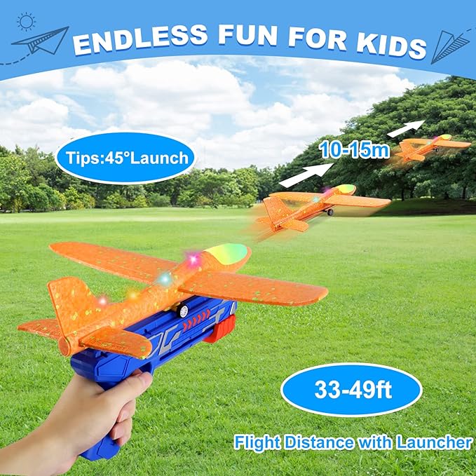 Fuwidvia 3 Pack Airplane Launcher Toys, 13.2'' LED Foam Glider Plane Toy for Boys, 2 Flight Modes Outdoor Flying Toys Birthday Gifts for Boys Girls 4 5 6 7 8 9 10 11 12 Year Old (Blue&Green&Orange) nirvanaguru