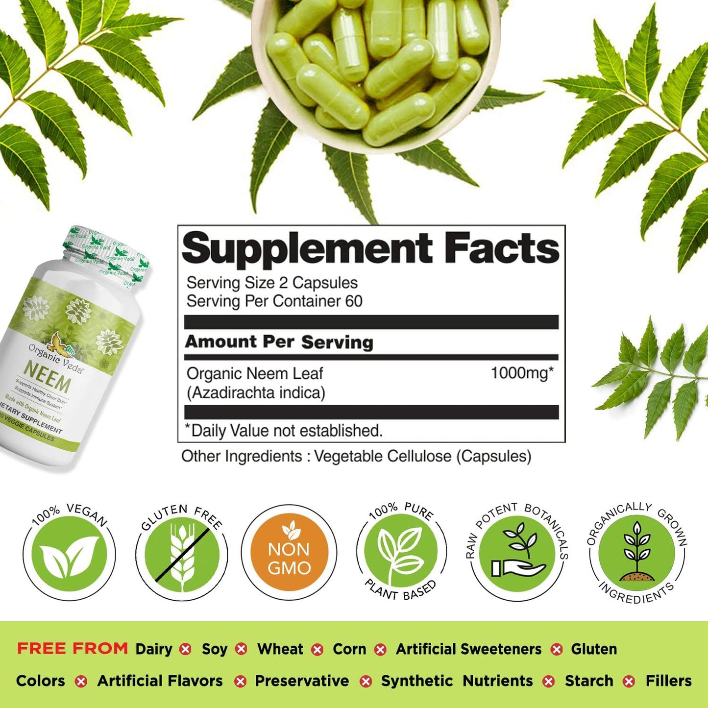 Organic Veda Neem Capsules, 1000mg - Organic Herbal Supplement Made with Ayurvedic India Neem Leaf Powder - Supports Radiant Skin, Immune, Detox, Healthy Inflammatory Response - 120 Veggie Capsules Nirvana Guru